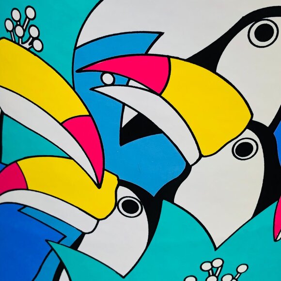 Vintage 80s Toucan Birds and Tropical Florals Ice Bucket with Lid and Handle - Picture 2 of 13